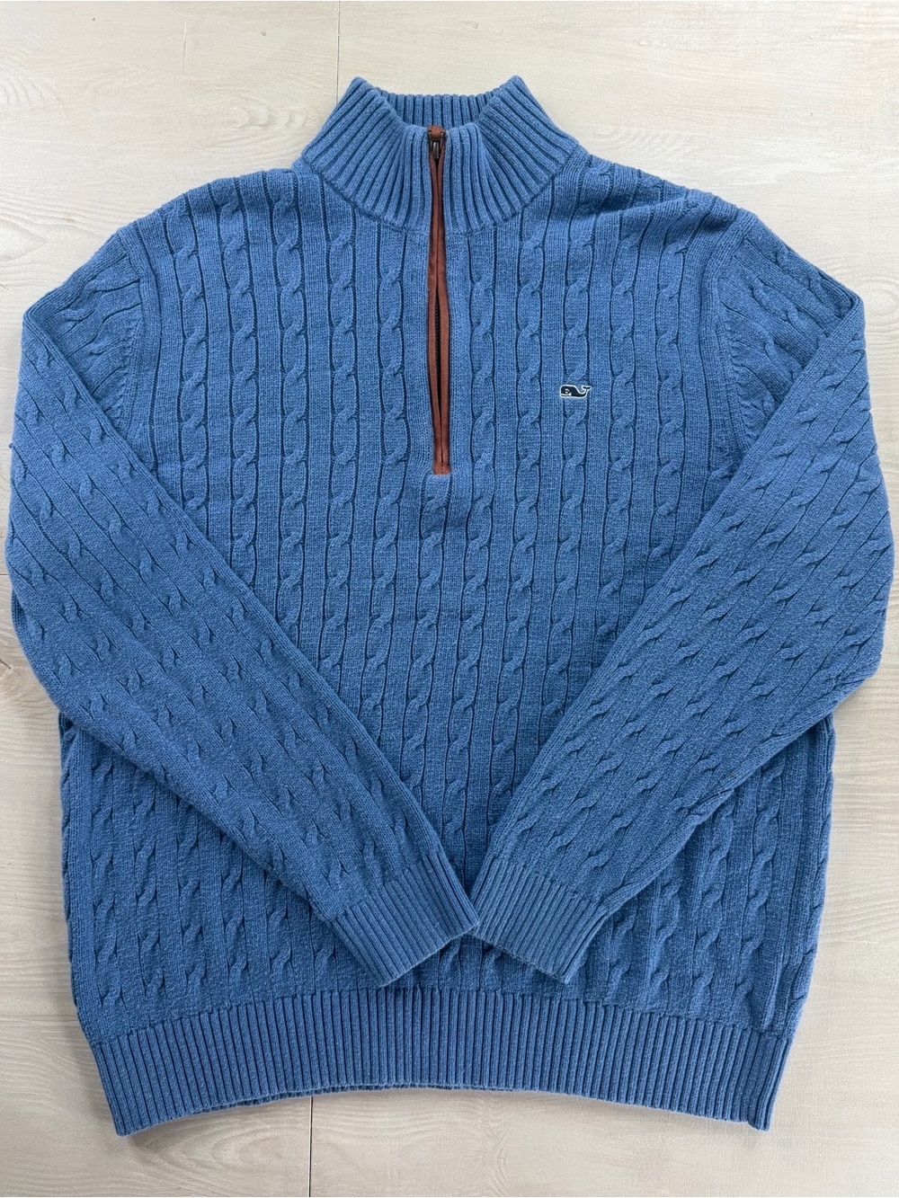 Vineyard Vines Men's Blue Cable-Knit Half-Zip Sweater with Brown Zip Placket